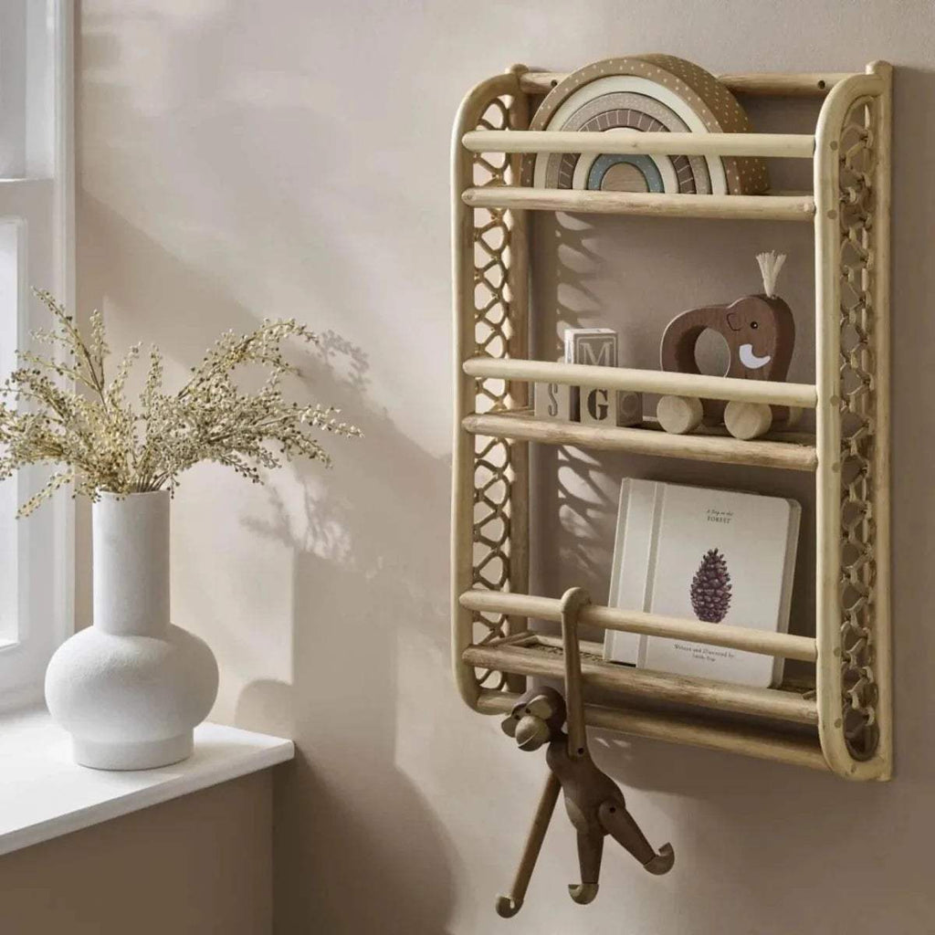 Rattan wave wall bookshelf with open shelves and small top ledge