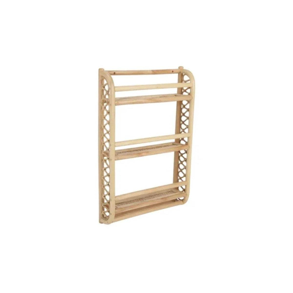 Rattan wave wall bookshelf with light wood-toned frame and three open shelves