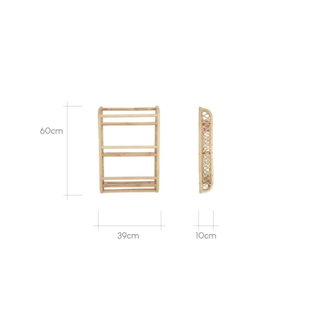 Rattan wave wall bookshelf with dimensions shown: 39cm wide, 60cm tall, 10cm deep