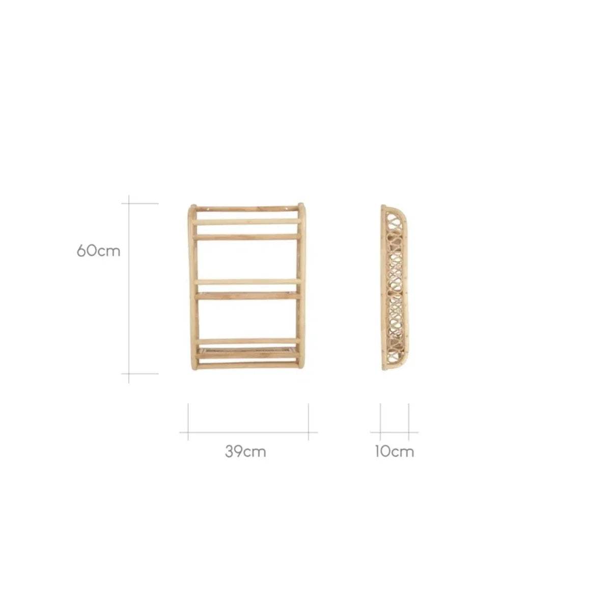 Rattan wave wall bookshelf with dimensions shown: 39cm wide, 60cm tall, 10cm deep