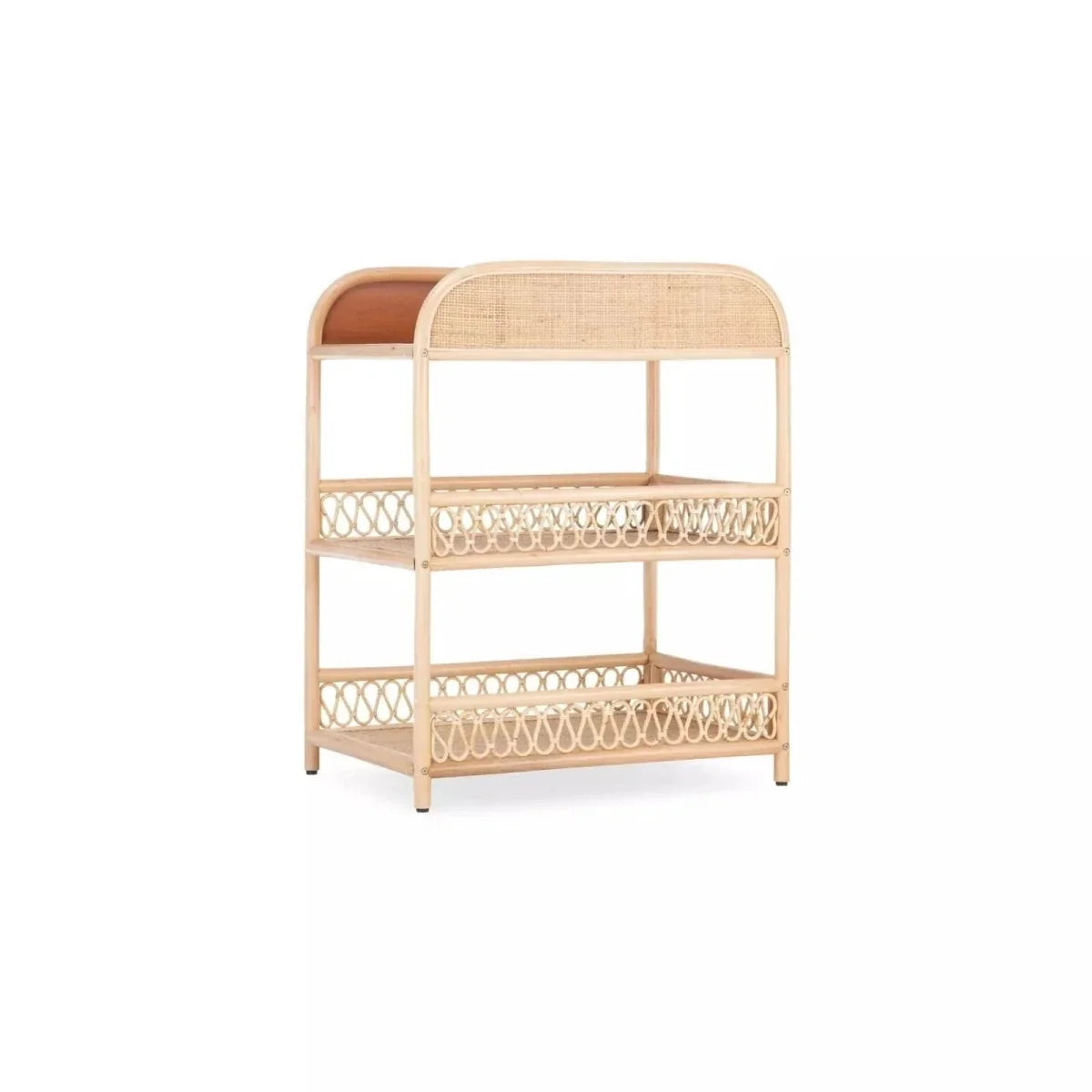 Natural rattan changing table with arched canopy top and 3 woven front shelves