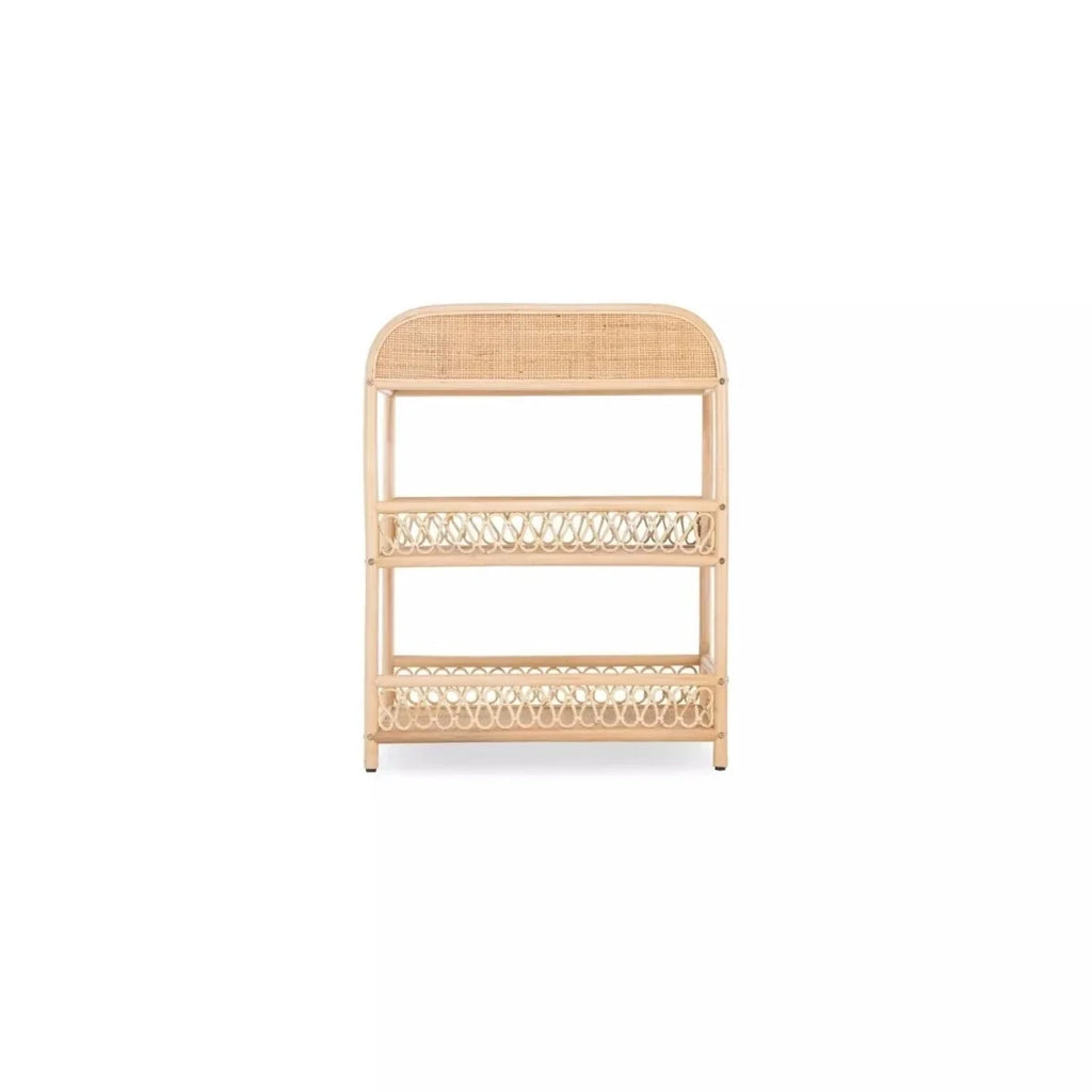 Natural rattan changing table with rounded top edge and two lower woven shelf tiers