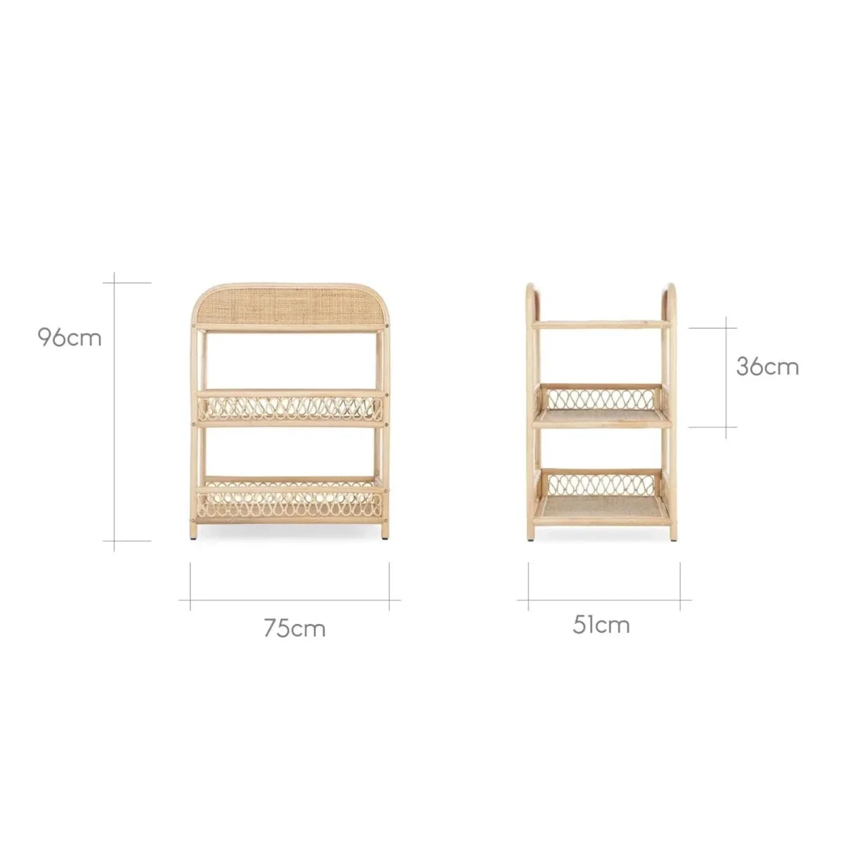 Natural rattan changing table with size measurements: 96cm wide, 75cm high, 51cm deep