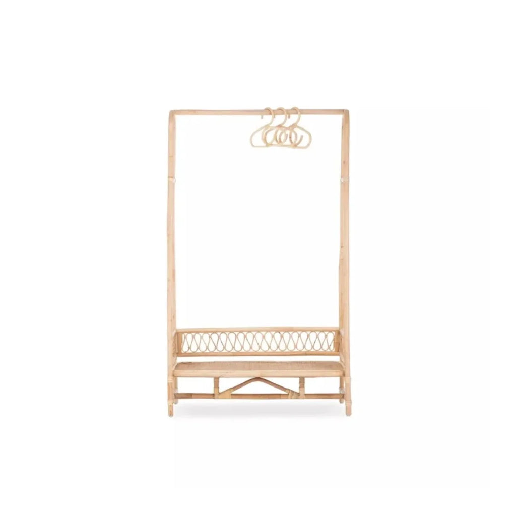 Natural rattan children's clothes rail with top hanging hooks and lower mesh basket panel.