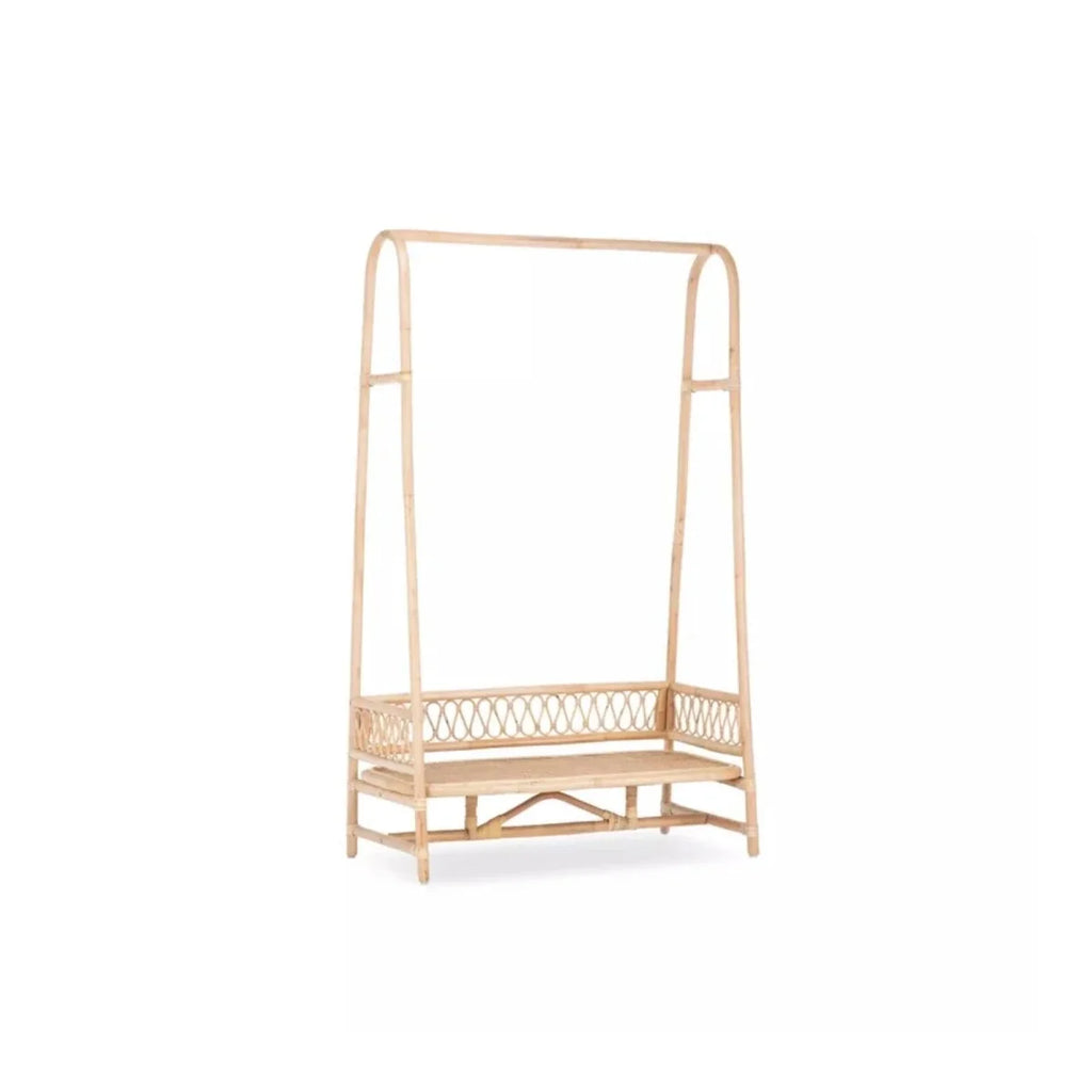 Natural rattan clothes rail for children with open frame and lower mesh storage shelf.