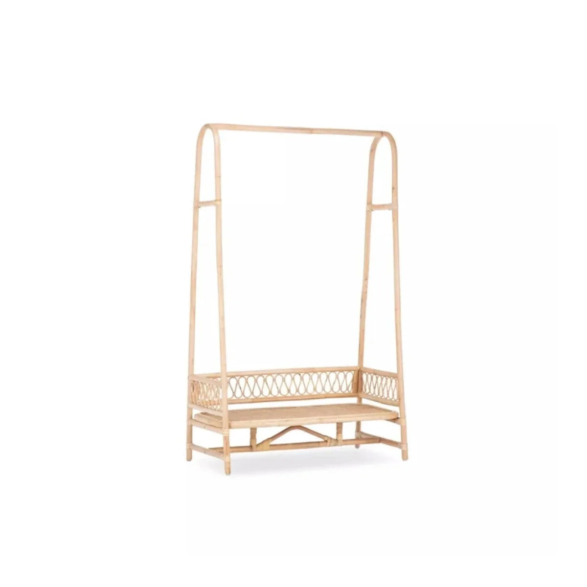Natural rattan clothes rail for children with open frame and lower mesh storage shelf.