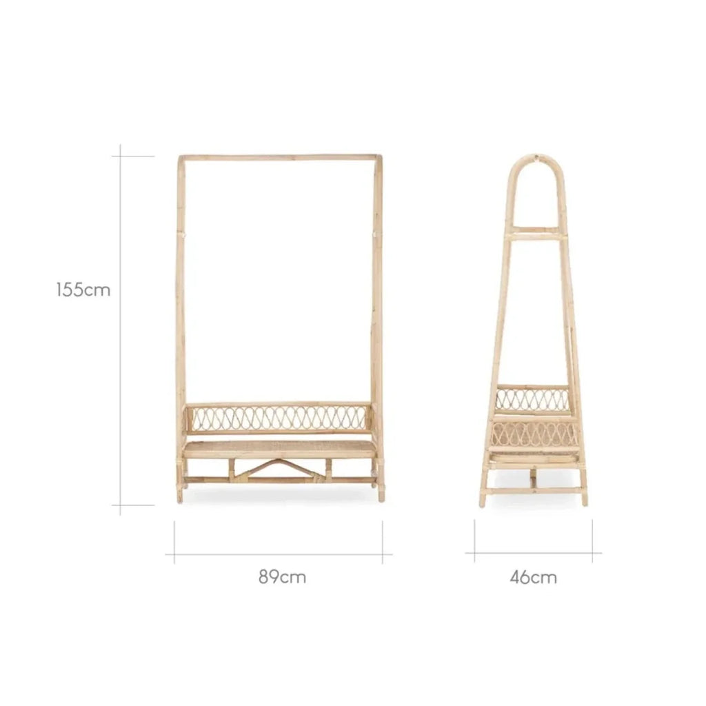 Children's rattan clothes rail dimensions diagram: full-size frame and small step stool.