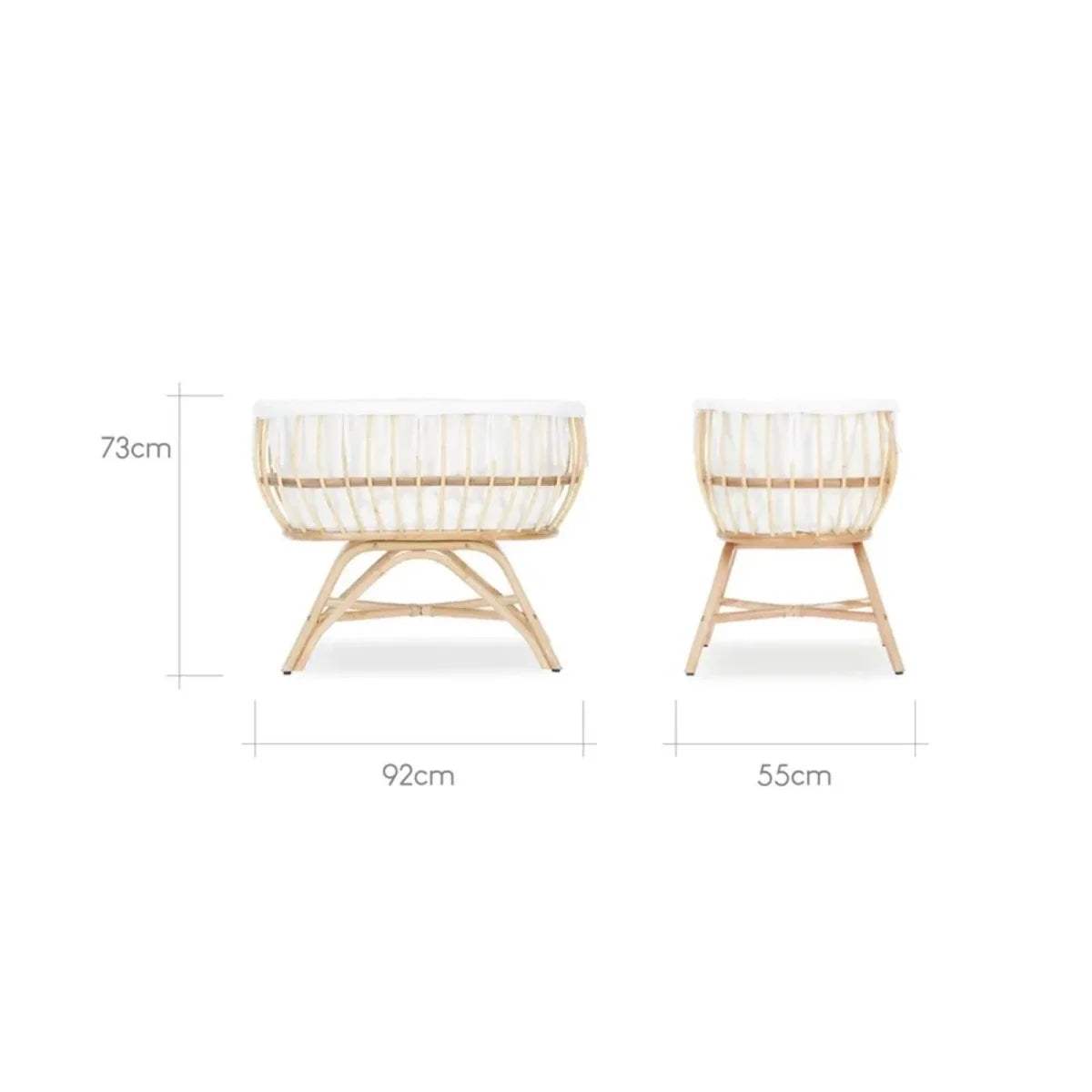 Natural rattan baby crib dimensions: 92cm wide, 73cm high, 55cm deep