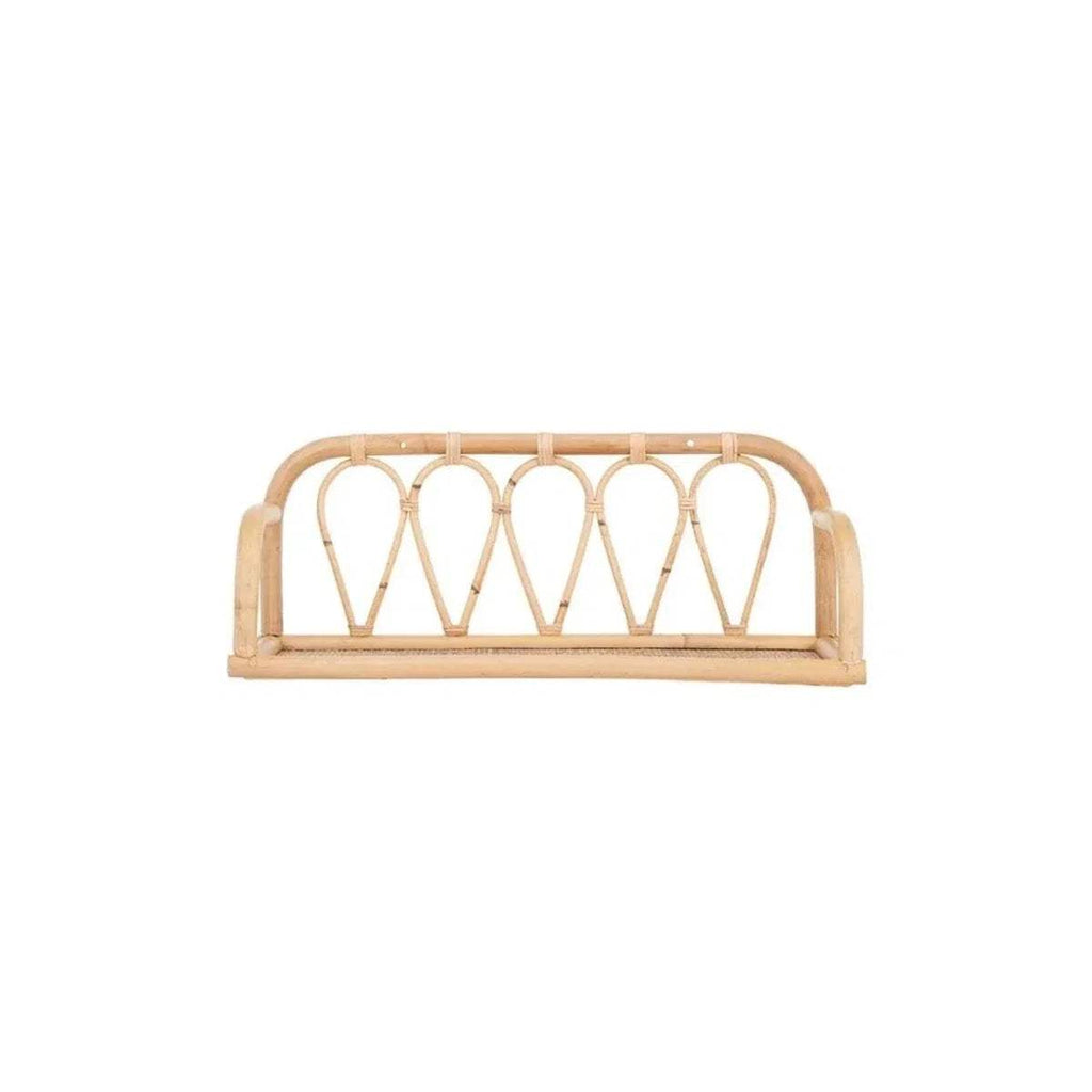 Small rattan shelf with arched frame and looped woven front, standalone front view
