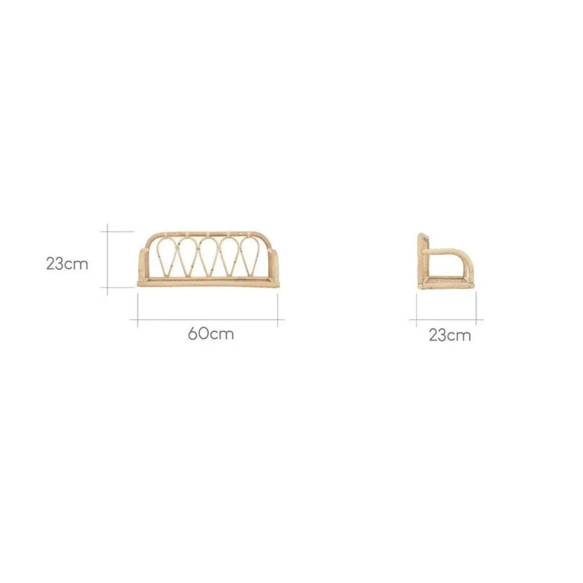 Small rattan shelf dimensions: 60cm wide, 23cm deep, 23cm high