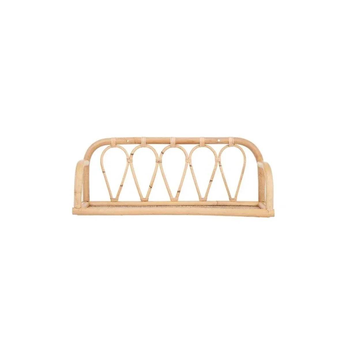 Light rattan shelf with curved frame and arched vertical lattice guard