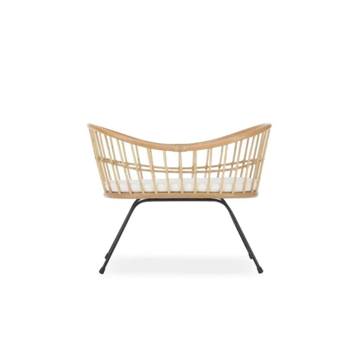 Rattan wave crib with curved headboard and foot, black metal stand legs