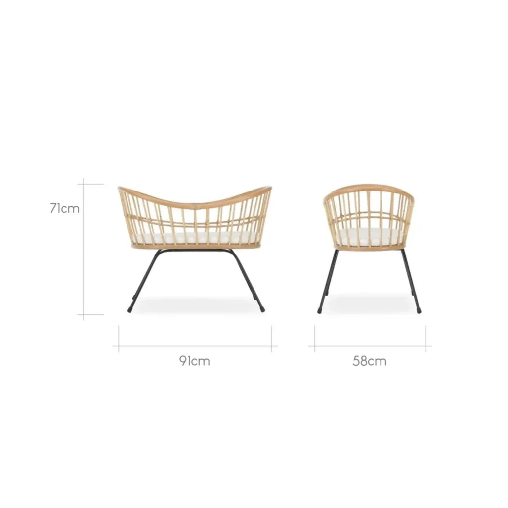 Rattan wave crib size diagram: 91cm wide, 71cm high, 58cm deep; black stand
