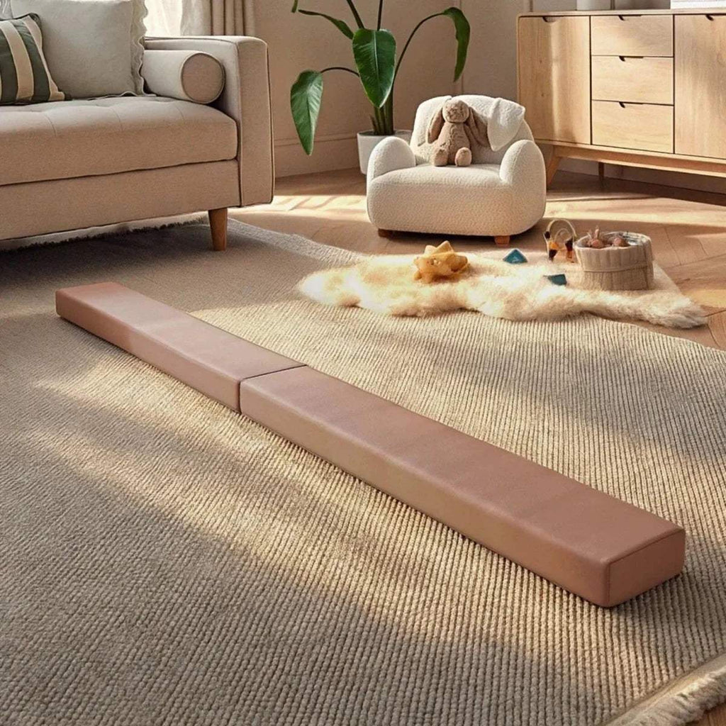 Taupe cushioned soft play balance beam with rectangular foam pads