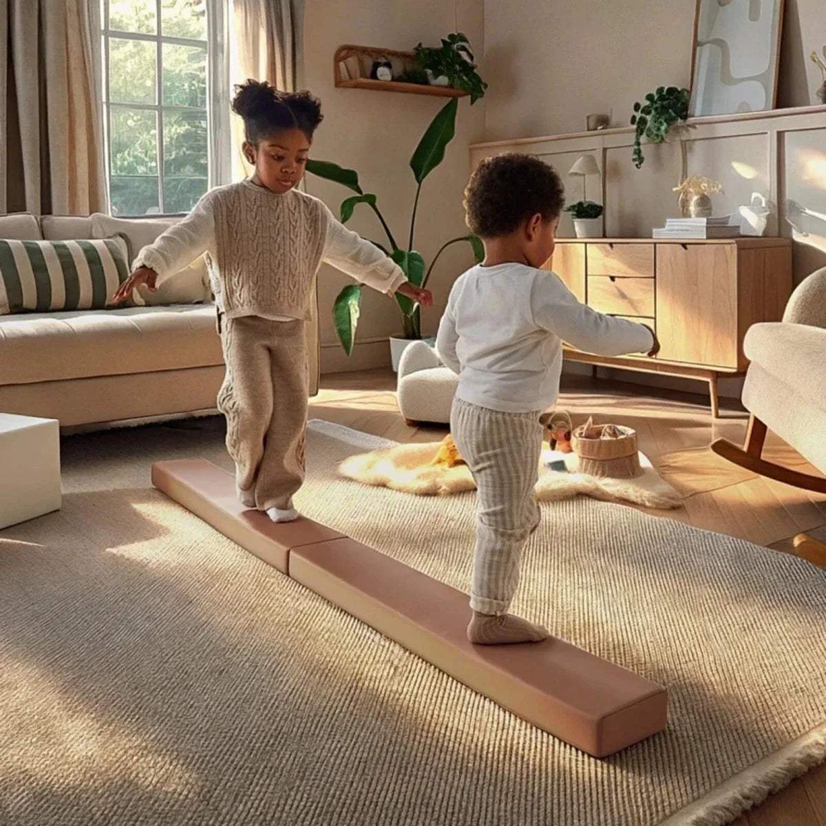 Taupe padded balance beam on a rug for toddler balance play