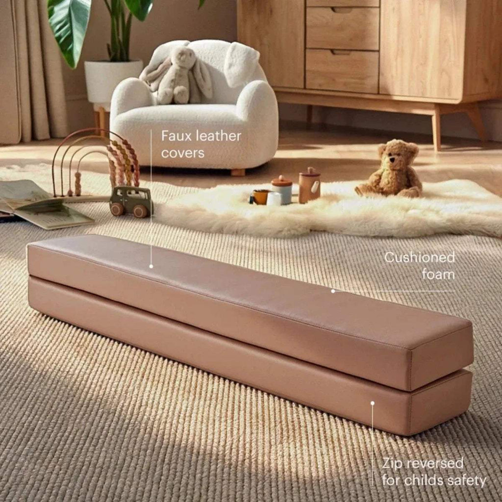 Taupe upholstered balance beam with zip seam and padded foam center