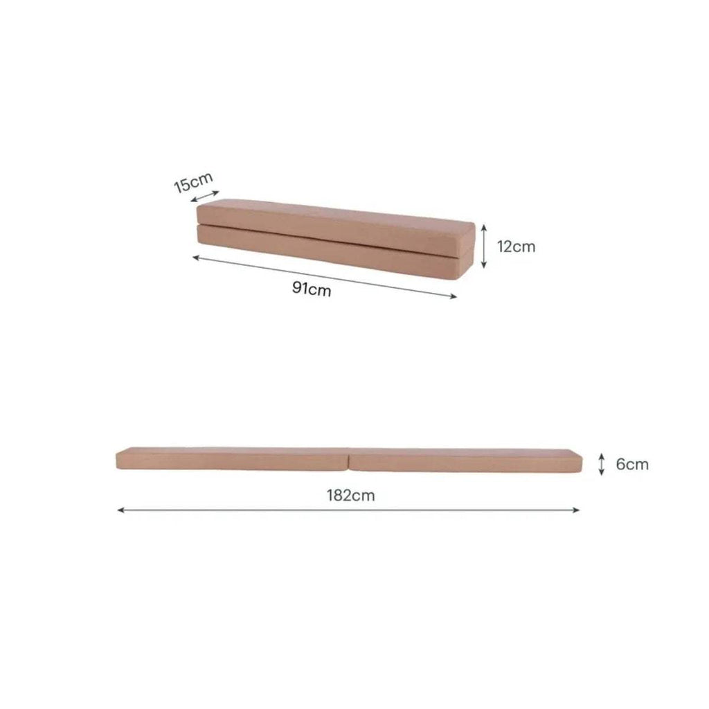 Taupe balance beam dimensions: 91cm x 15cm x 12cm; 182cm x 6cm