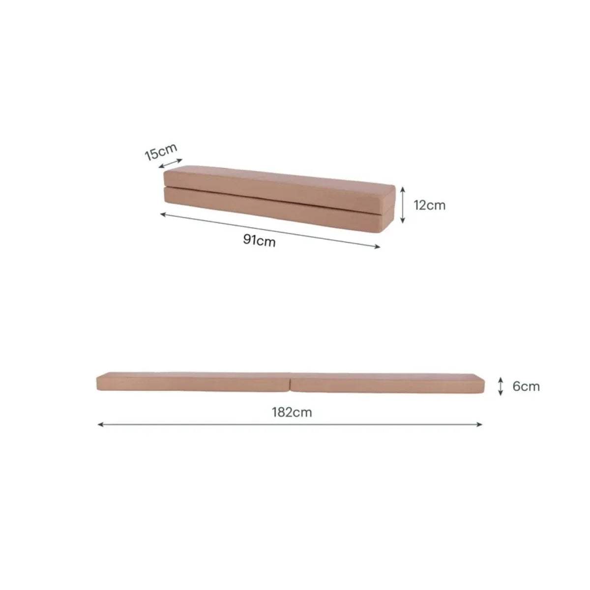 Taupe balance beam dimensions: 91cm x 15cm x 12cm; 182cm x 6cm