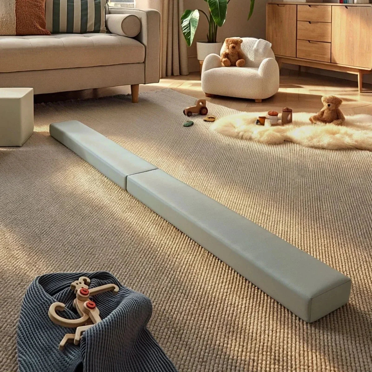 Sea Salt padded balance beam with faux-leather cover for child play