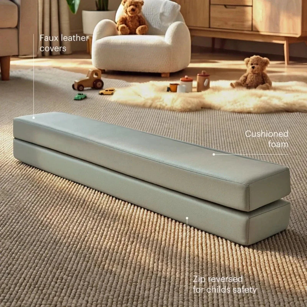 Sea Salt cushioned balance beam with faux-leather cover and safety zip back