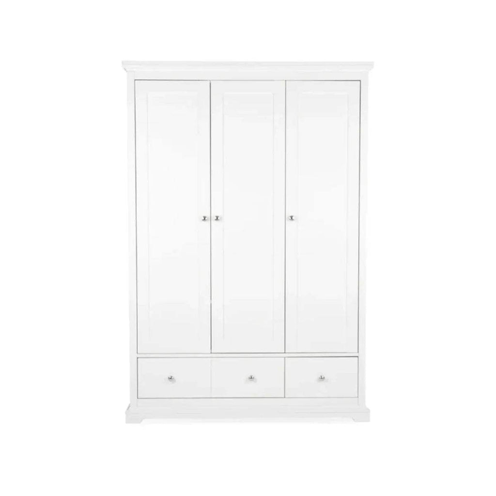 White wardrobe cabinet with three panel doors and three bottom drawers