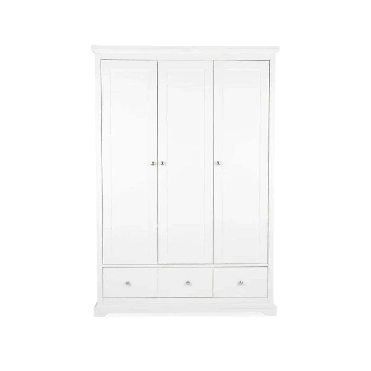 White wardrobe cabinet with three panel doors and three bottom drawers