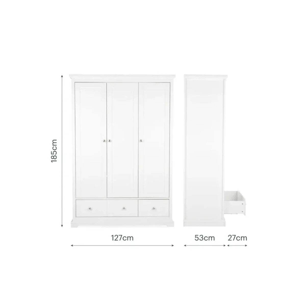 White wardrobe size diagram: 127cm W, 185cm H, 53cm D, 27cm base