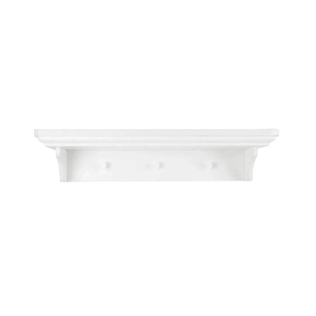 White wall shelf with scalloped front and row of small peg details