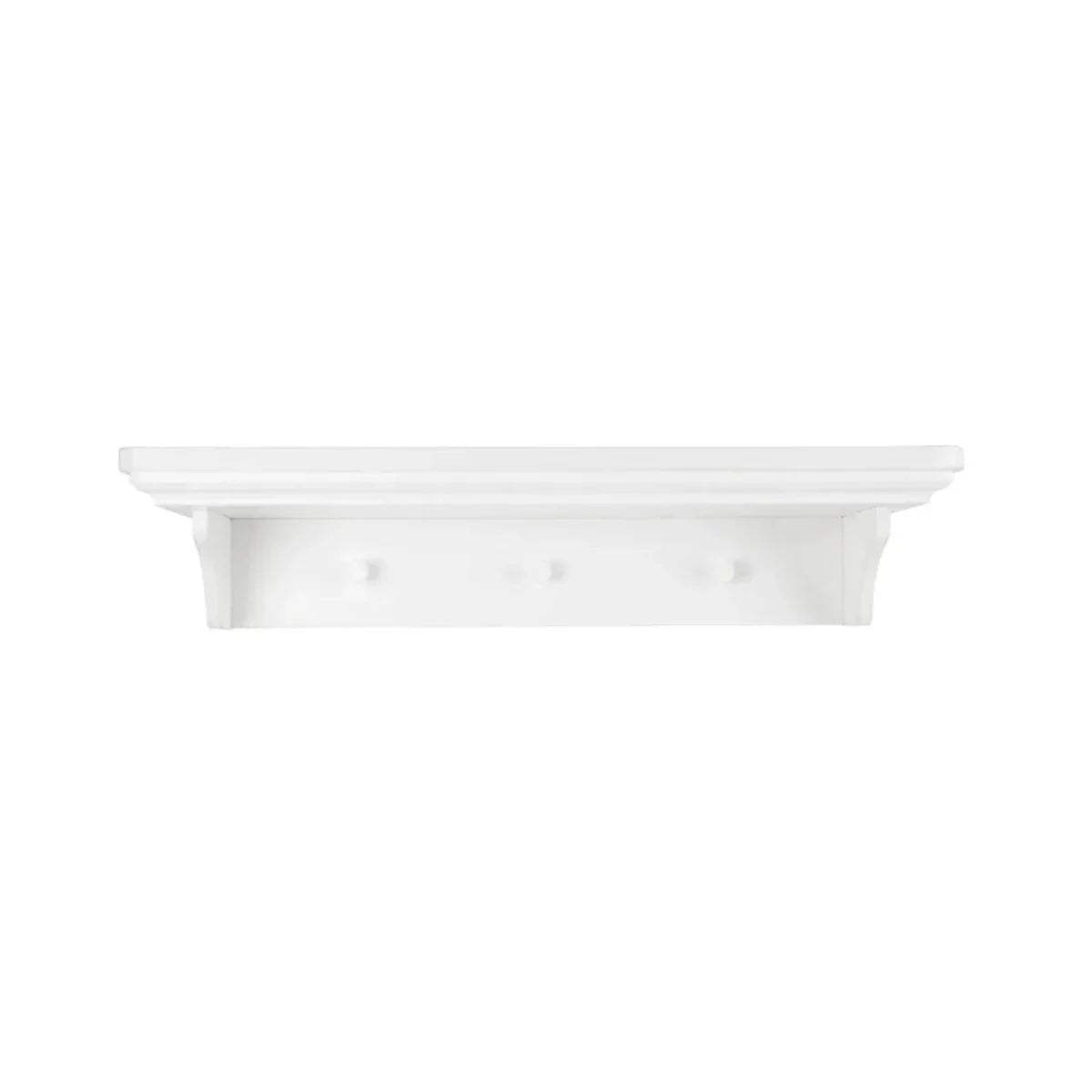 White wall shelf with scalloped front and row of small peg details