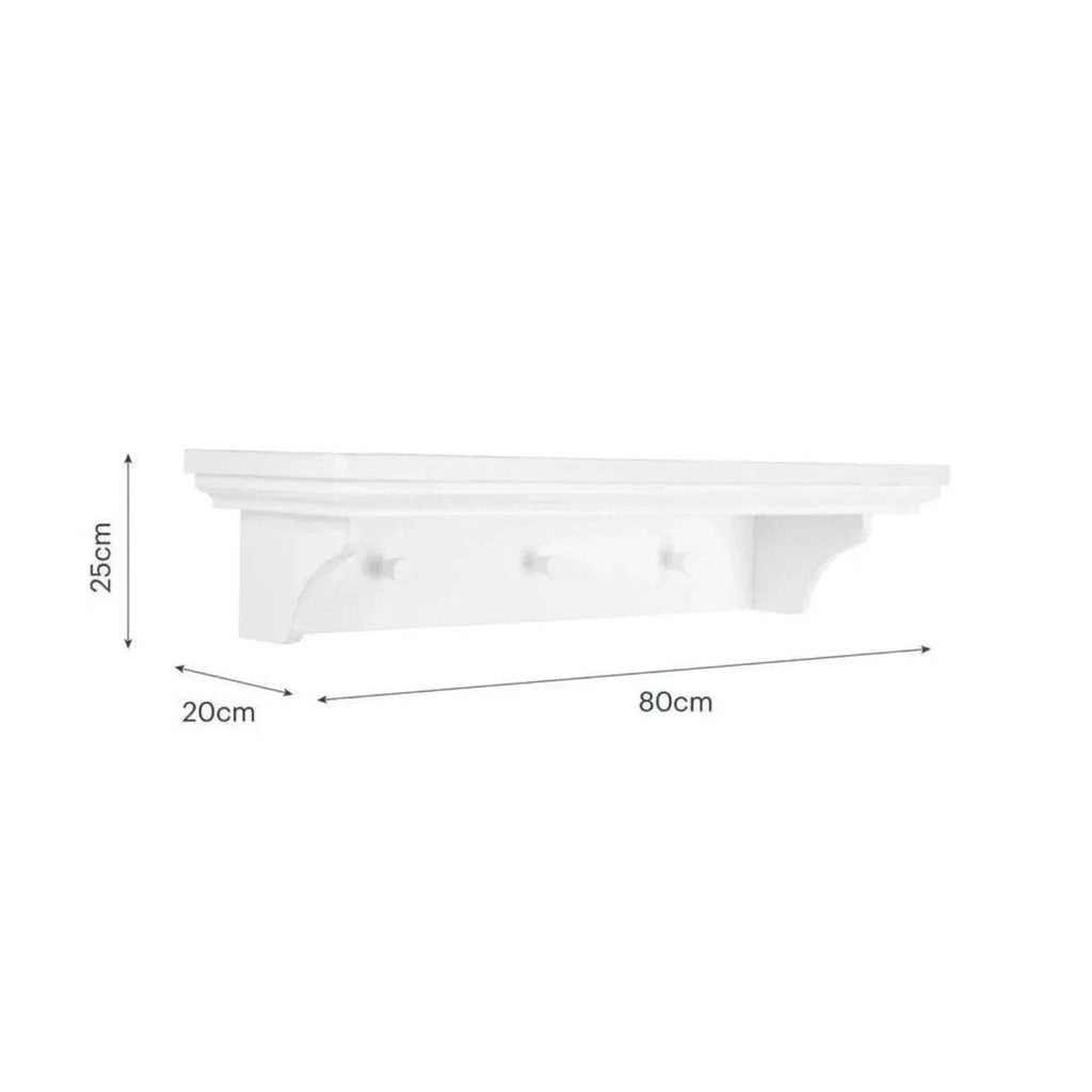 White wall shelf dimensions: 80cm wide, 25cm high, 20cm deep