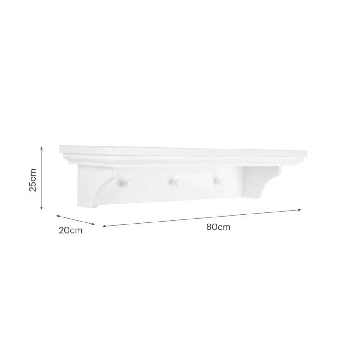 White wall shelf dimensions: 80cm wide, 25cm high, 20cm deep