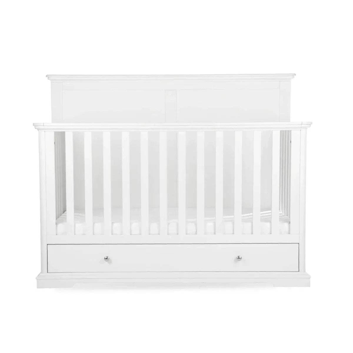 White cot bed with vertical slat guard rails and paneled ends