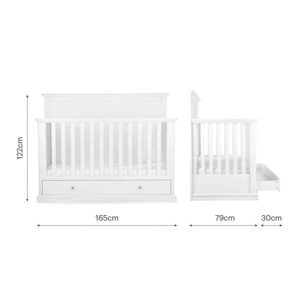 White cot bed size diagram showing cot and toddler bed conversion pieces