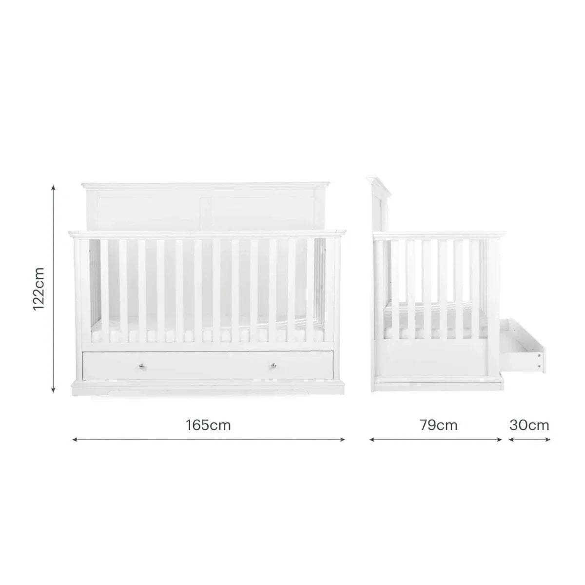 White cot bed size diagram showing cot and toddler bed conversion pieces