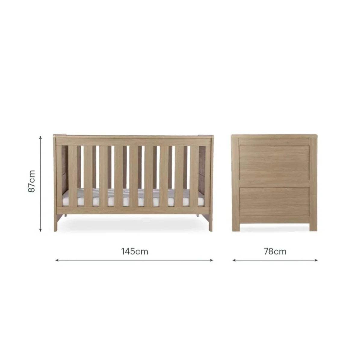Oak cot bed dimensions diagram showing slatted frame and side panel
