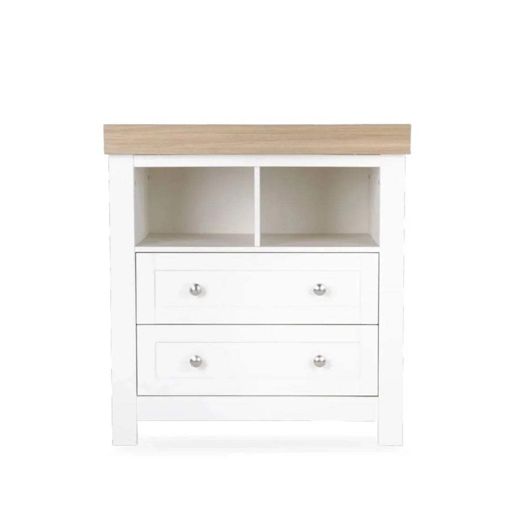 White dresser changer with oak top, two open compartments and two drawers