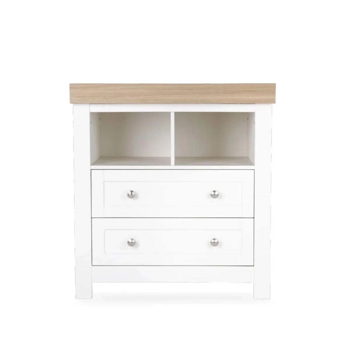 White dresser changer with oak top, two open compartments and two drawers