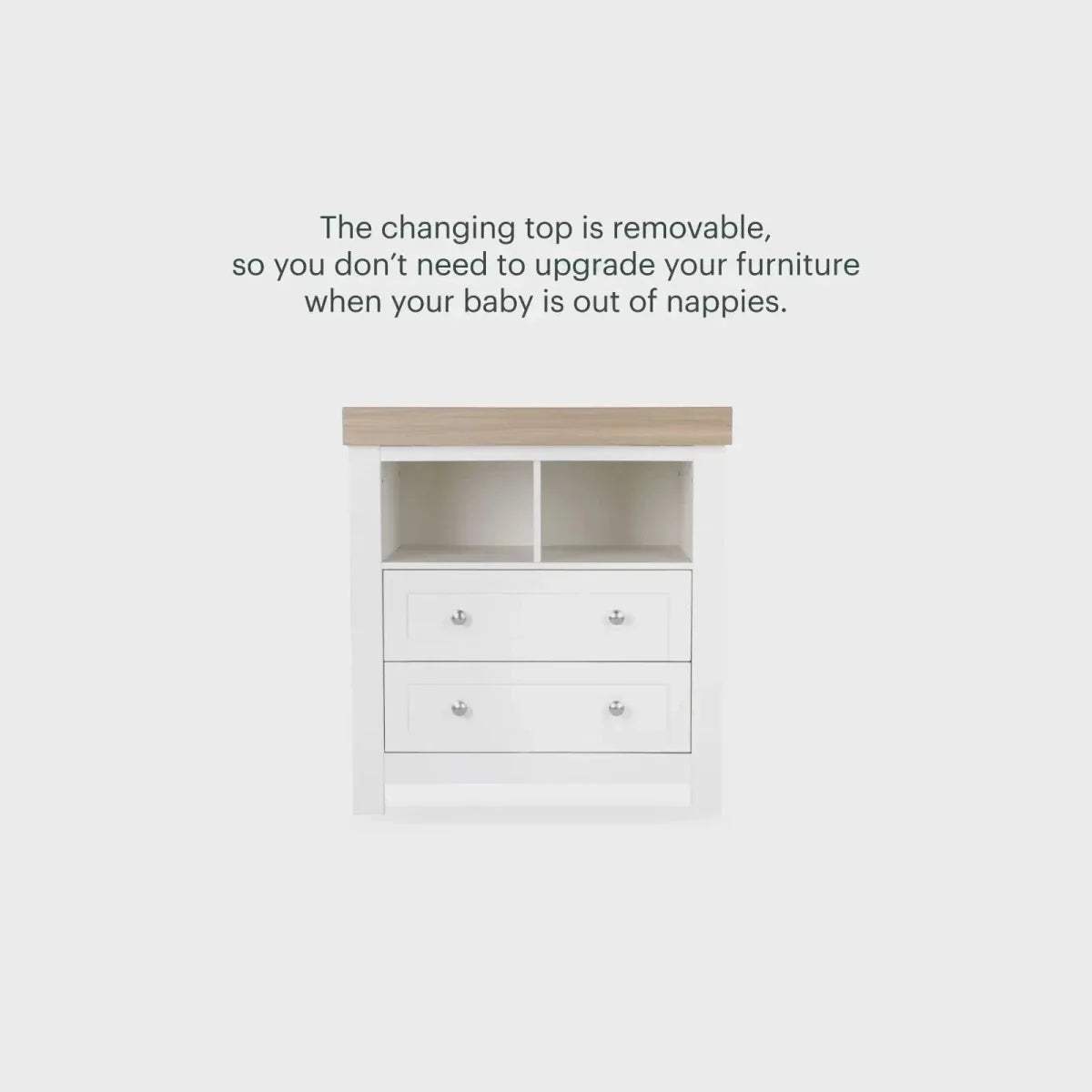 White dresser changer with removable changing top and two drawer storage