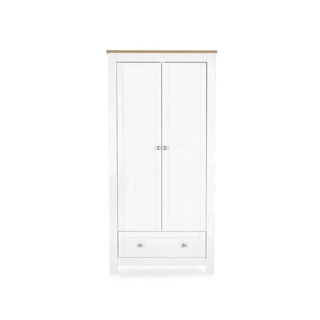 White double-door wardrobe with central panels and two lower drawers with knobs.