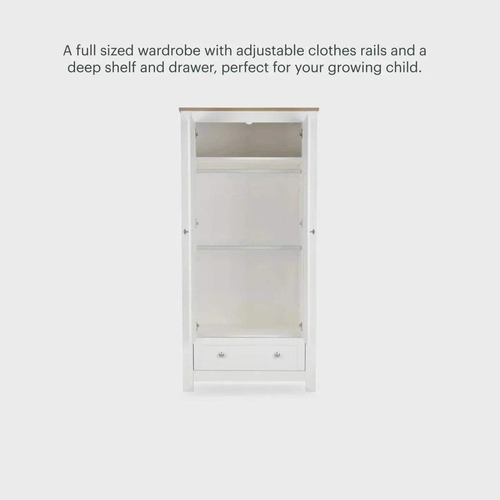 Open white wardrobe interior with hanging rail, deep shelf, and drawer storage.