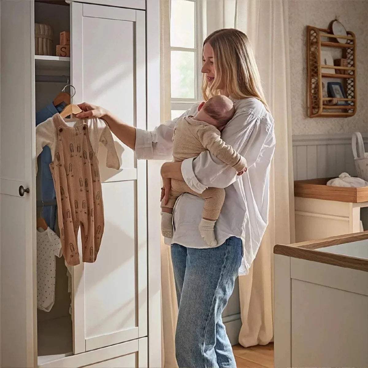 White wardrobe with open doors and hanging clothes on an adjustable rail.