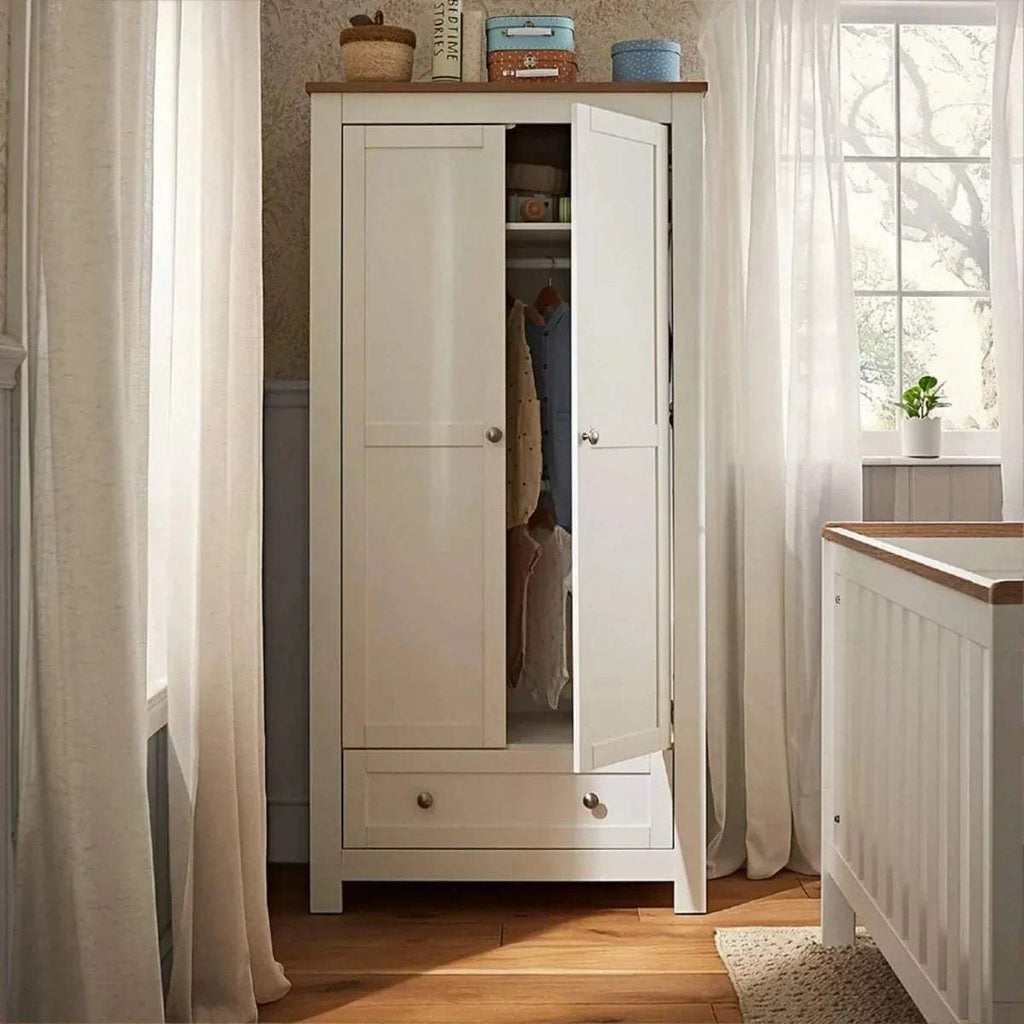 White wardrobe with two open doors, revealing hanging space and upper shelf.