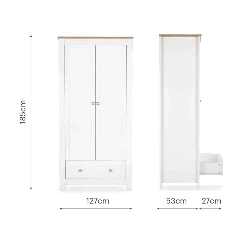 White wardrobe size diagram: height 185cm, width 127cm; depth 53cm, side 27cm.