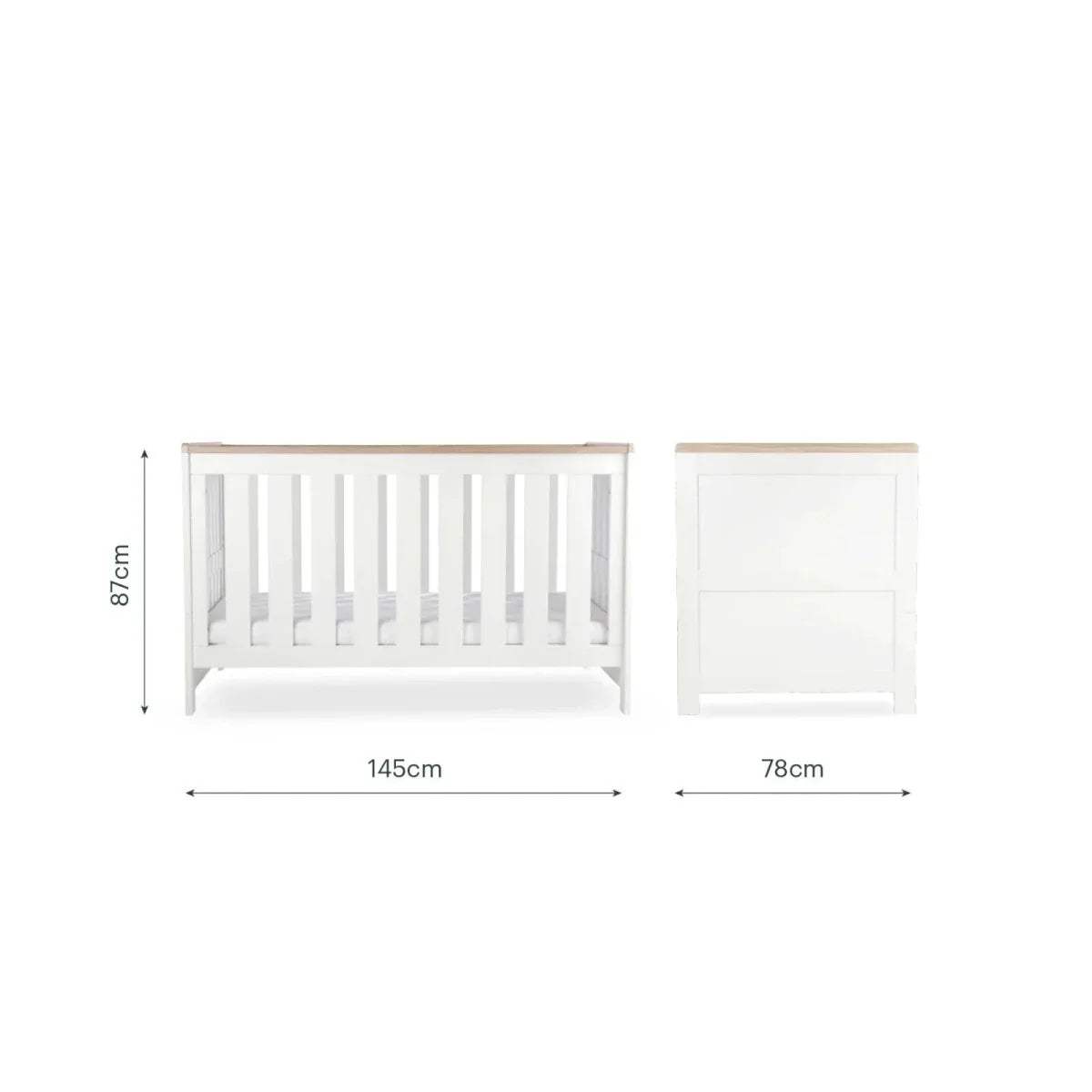 White nursery cot with matching small cabinet, with size dimensions shown
