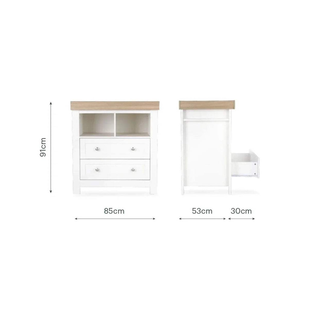 White dresser and side cabinet with wood tops, with height and width dimensions
