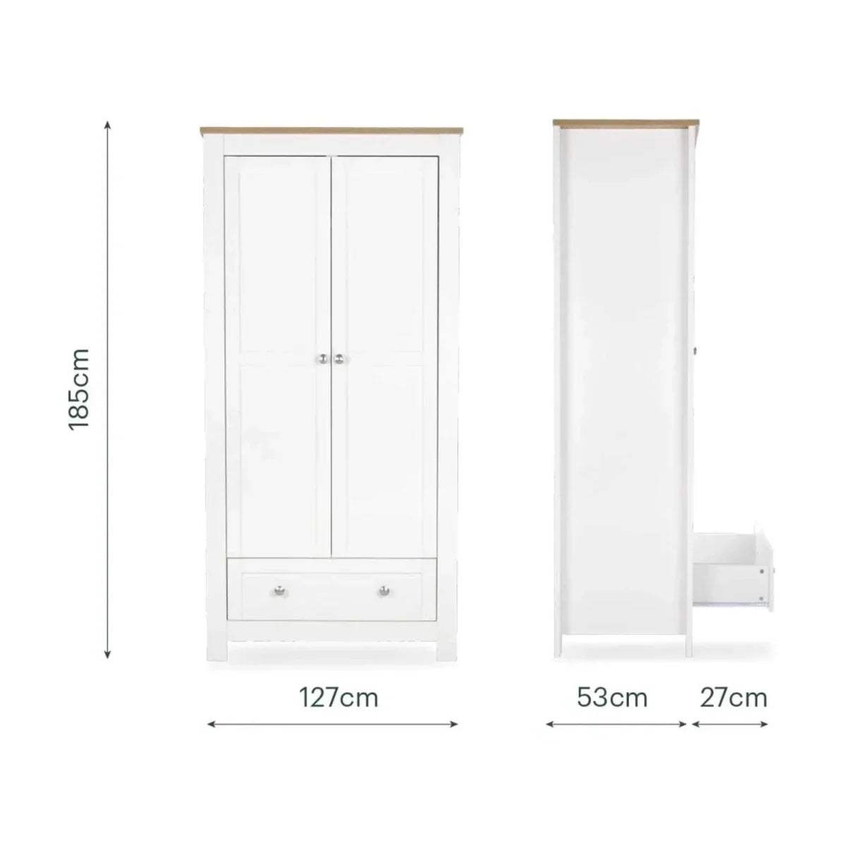 White nursery cabinet/wardrobe with two doors and bottom drawers, light wood trim