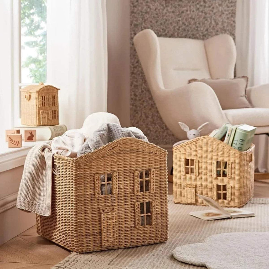 Woven rattan storage baskets set of 3 in tan with house-like cutout fronts