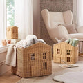 Woven rattan storage baskets set of 3 in tan with house-like cutout fronts