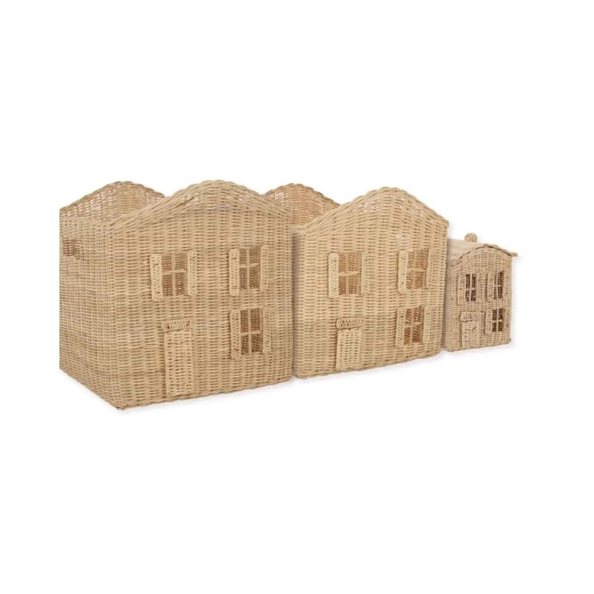 Set of 3 tan woven storage baskets with arched house-style front panels