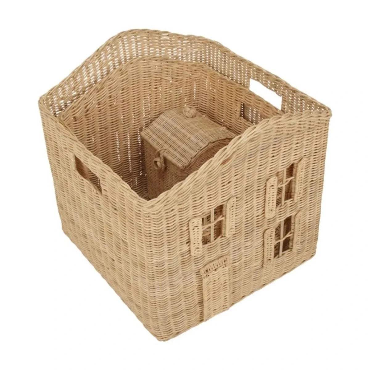 Rectangular tan woven storage basket with open top and house-shaped front panels